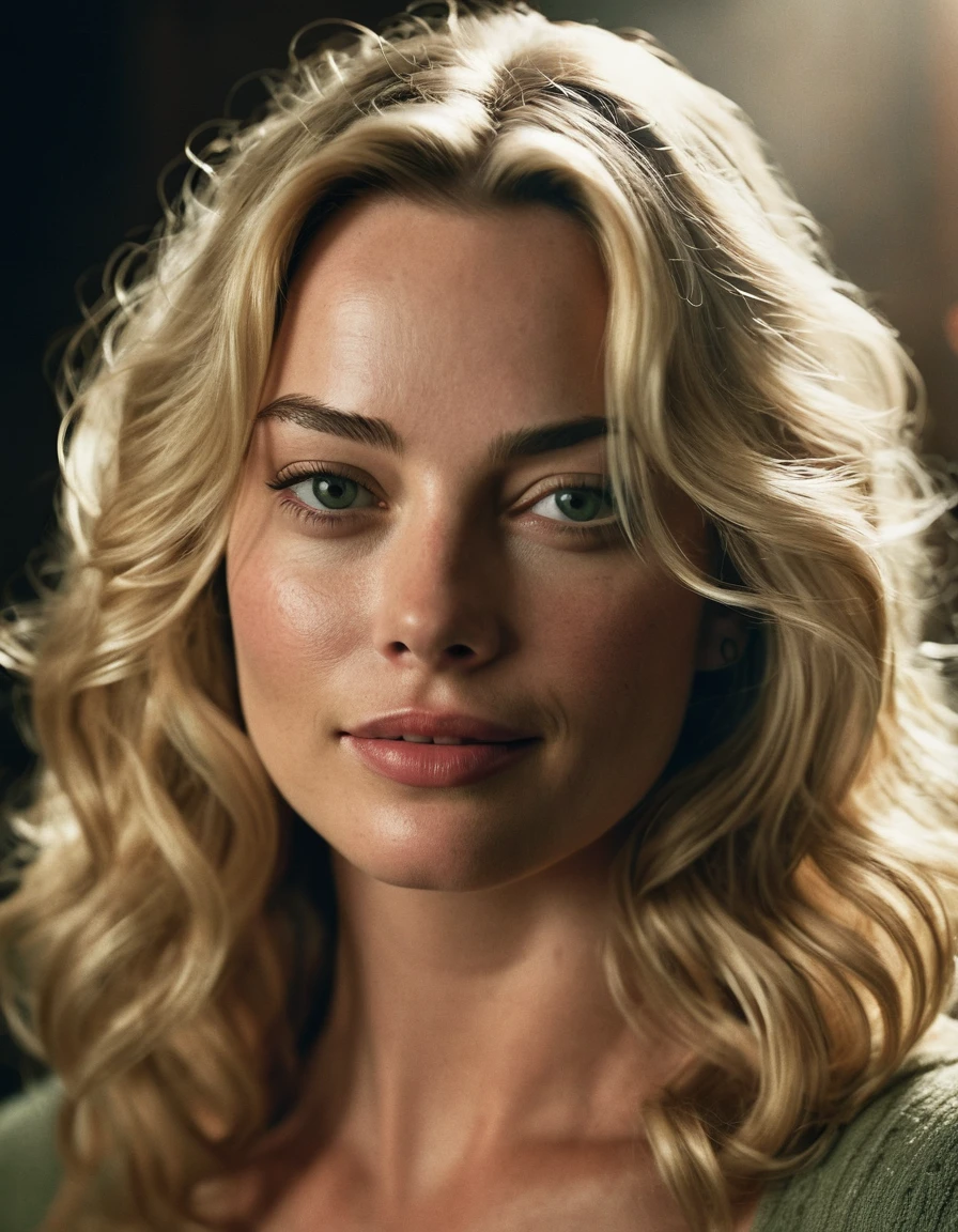 Create a realistic portrait of a 29-year-old woman facing the camera. She has a noticeable and magnetic presence. Her eyes should be similar to Margot Robbie's, Her eyes should be a dark deep green color,. Her jawline should resemble those of Sharon Stone, her lips should resemble those of Monica Bellucci. Her hair is white blond with a pearly sheen. (Extra long wavy blonde hair), , ((Detailed face:1.2)), ((detailed facial features)), (finely detailed skin), pale skin, Photo of a European girl, raw, Beautiful woman . closeup portrait, Surreal, amazing quality, masterpiece, best quality, awesome, inspiring, a light smiling amused woman with hair over her eyes, hair completely covers her face. cinematic composition, soft shadows, atmospheric haze, Film grain, cinematic film still, shallow depth of field, highly detailed, high budget, cinemascope, moody, epic, OverallDetail, 2000s vintage RAW photo, photorealistic, candid camera, color graded cinematic, atmospheric lighting, imperfections, natural, shallow dof