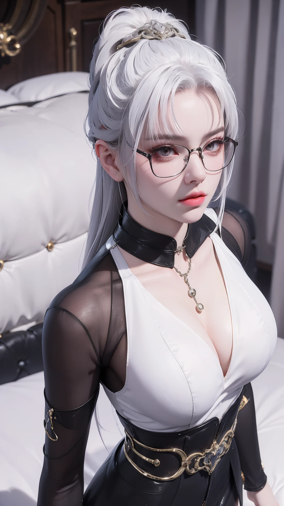 Domineering female CEO，Slim，White hair，长White hair，Lying in bed，Full body portrait，Black pantyhose，（top view），close up，wear glasses，Wearing a black suit，mini skirt