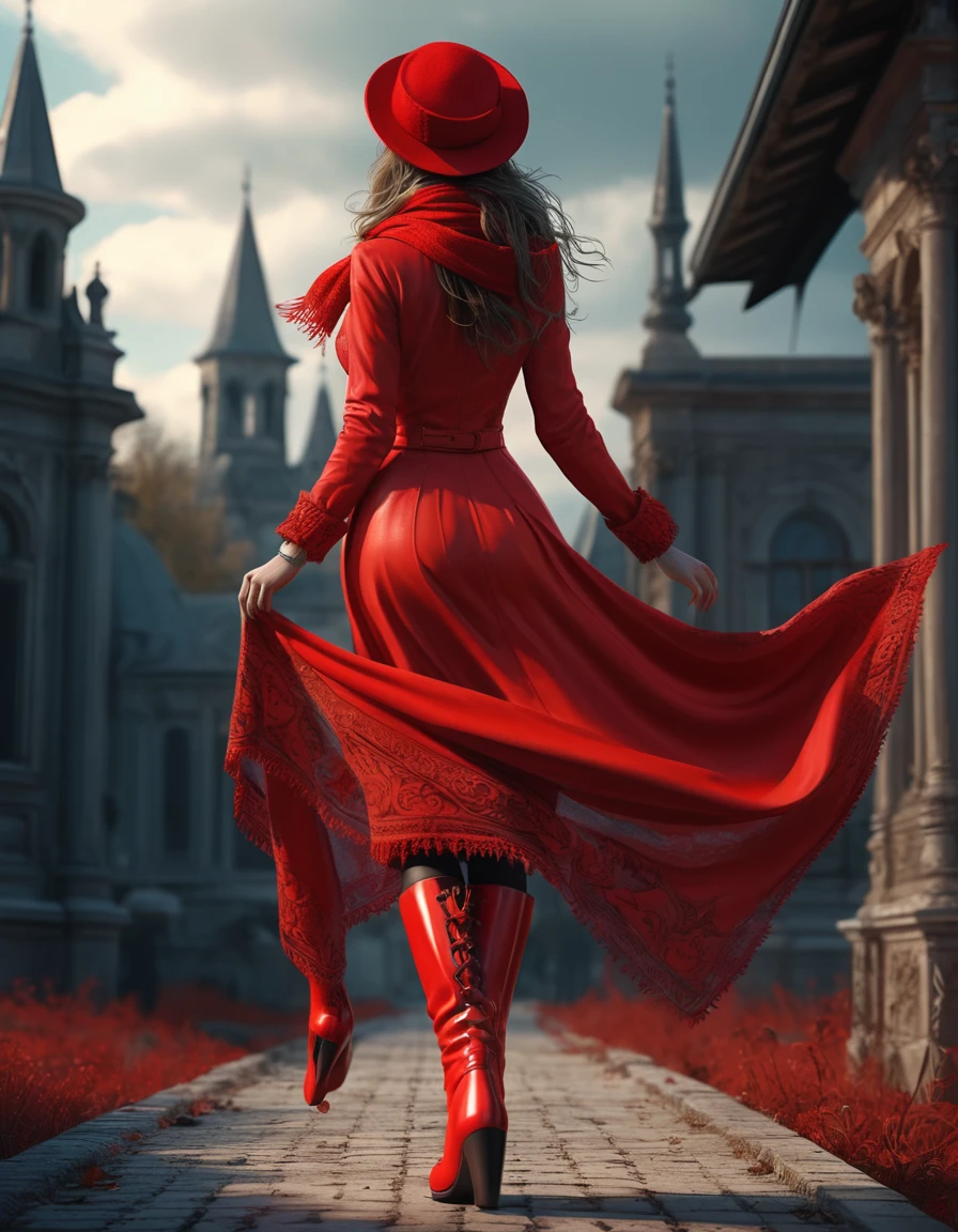 A woman stands with her back in bright red clothes. Red fashionable hat, beautiful full-length figure, red boots,developing scarf, The wind is so, what knocks you down... , realistic, Red color, romanticism, Gothic, hyper detailed very detailed extremely detailed high detailed super detailed ,Global dynamic illumination, cinematic, ideal, masterpiece