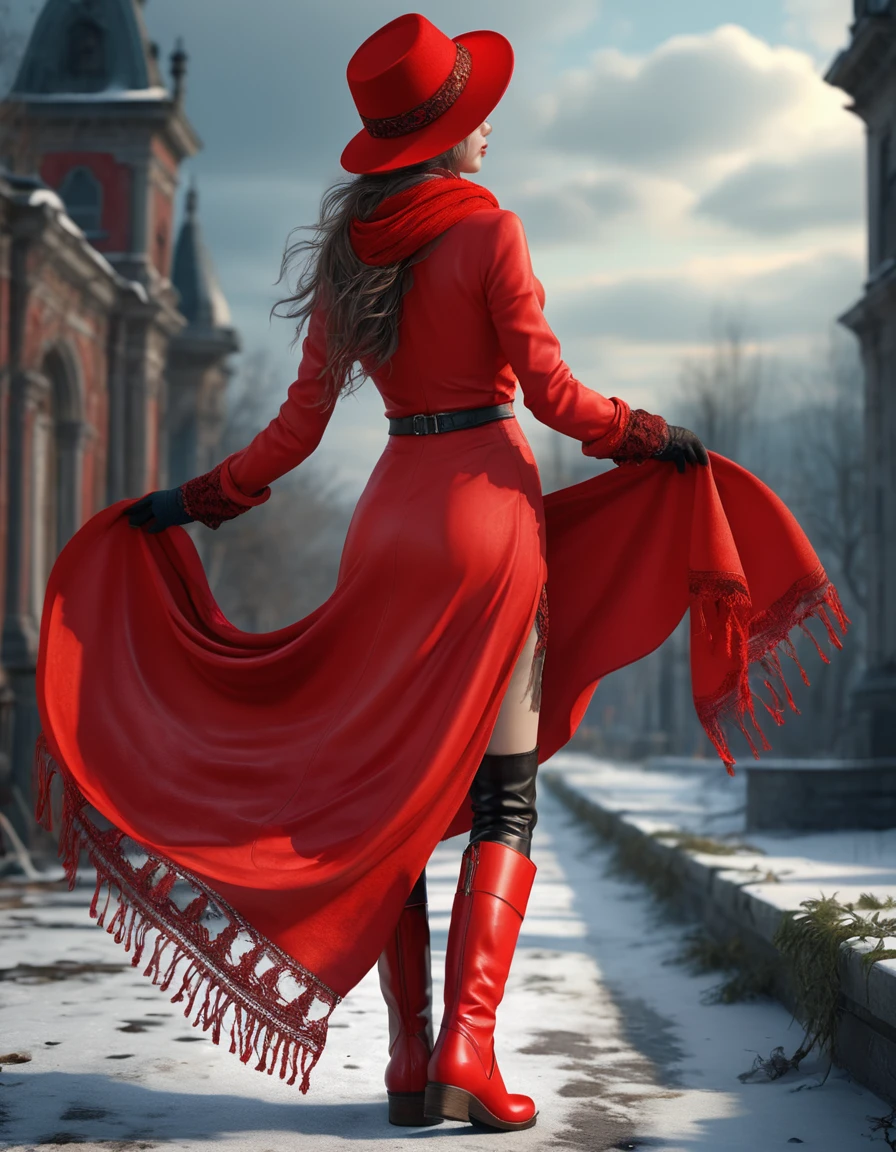 A woman stands with her back in bright red clothes. Red fashionable hat, beautiful full-length figure, red boots,developing scarf, The wind is so, what knocks you down... , realistic, Red color, romanticism, Gothic, hyper detailed very detailed extremely detailed high detailed super detailed ,Global dynamic illumination, cinematic, ideal, masterpiece