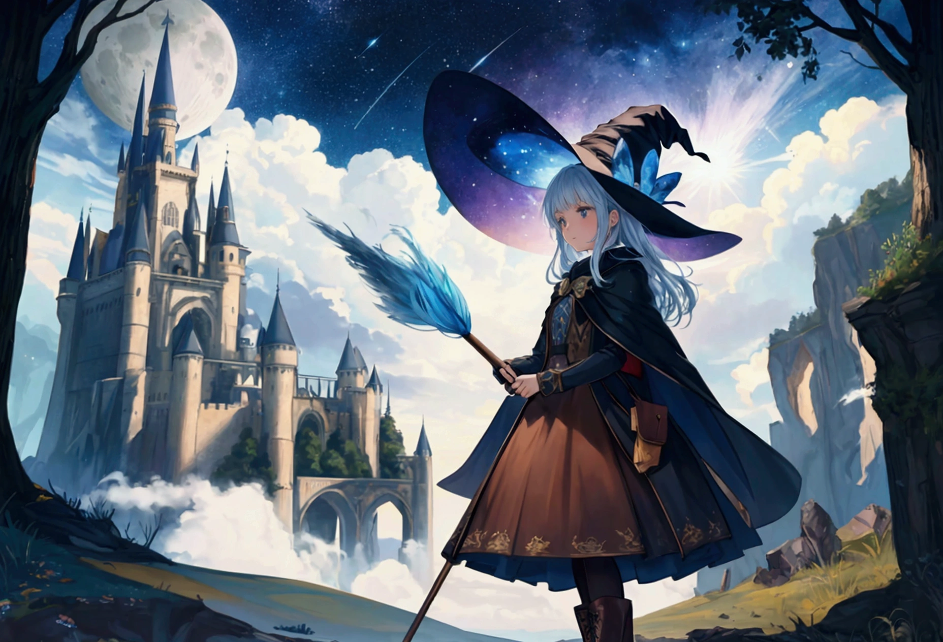 artwork, best quality, ultra-detailed, illustration, 1 girl, alone, fantasy, flying, broom, night sky, outdoors, magic, spells, moon, stars, clouds, wind, hair, cape, hat, boots, broomstick, bright, mysterious, charming, whimsical, playful, adventurous, , wonder, imagination, determination, skill, speed, movement, energy, realism, naturalistic, figurative, representative, beauty, fantasy culture, mythology, fairy tales, folklore, captions, witches, wizards, magical creatures, fantasy worlds, composition, scale, foreground, middle ground, background, perspective, light, color, texture, detail, beauty, wonder.