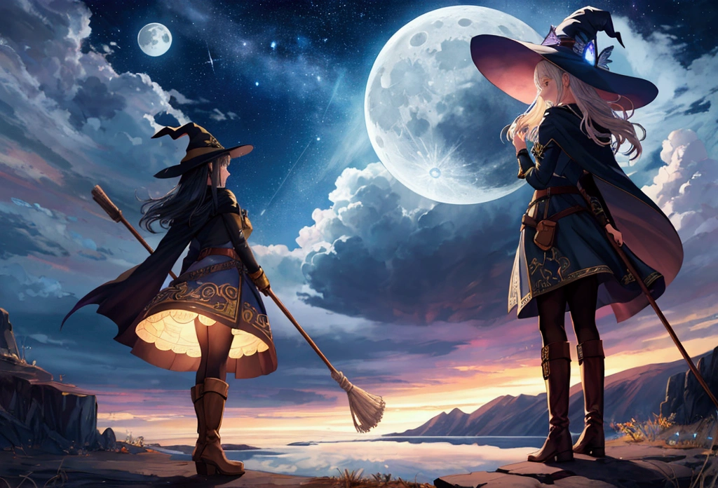artwork, best quality, ultra-detailed, illustration, 1 girl, alone, fantasy, flying, broom, night sky, outdoors, magic, spells, moon, stars, clouds, wind, hair, cape, hat, boots, broomstick, bright, mysterious, charming, whimsical, playful, adventurous, , wonder, imagination, determination, skill, speed, movement, energy, realism, naturalistic, figurative, representative, beauty, fantasy culture, mythology, fairy tales, folklore, captions, witches, wizards, magical creatures, fantasy worlds, composition, scale, foreground, middle ground, background, perspective, light, color, texture, detail, beauty, wonder.
