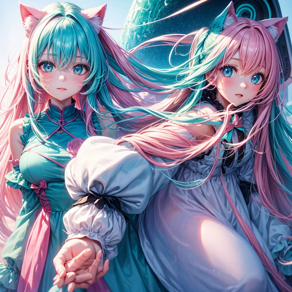 face image of a girl who has long hair in light pink color / and has bright blue-green cat eyes
