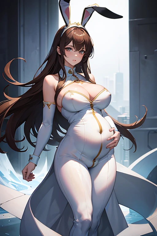 8k, masterpiece, very realistic, Full body Sexy pregnant bunny girl, very slim waist, very tall, white bodysuit, brown hair, dynamic pose, pregnant, cleavage, curved back