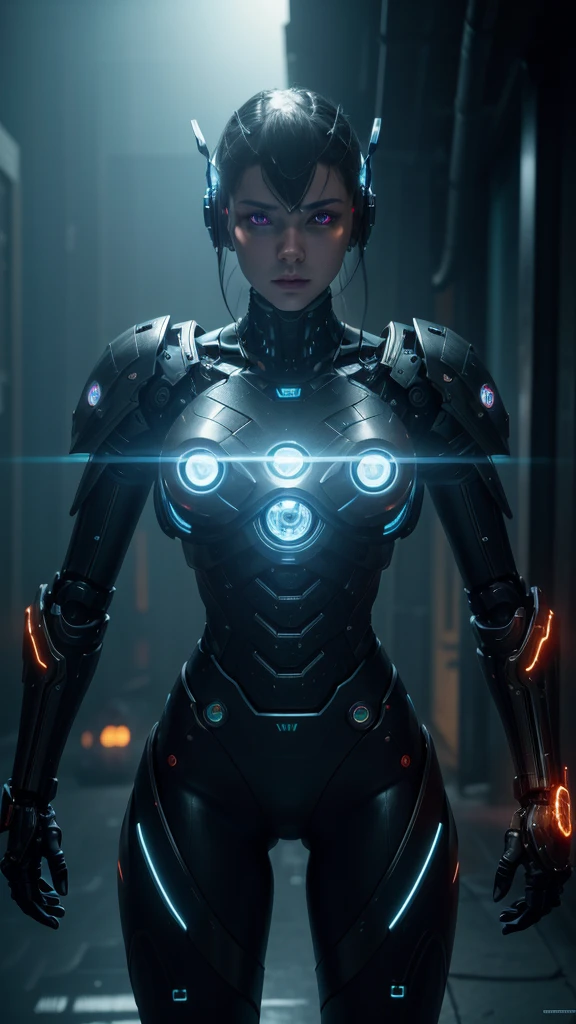 cinematic 8k highly detailed 3d realistic cyberpunk futuristic robot, intricate mechanical details, glowing energy core, robotic limbs, advanced technology, complex circuitry, sleek metallic body, powerful thrusters, cinematic dramatic lighting, volumetric fog, depth of field, photorealistic shading, hyper detailed