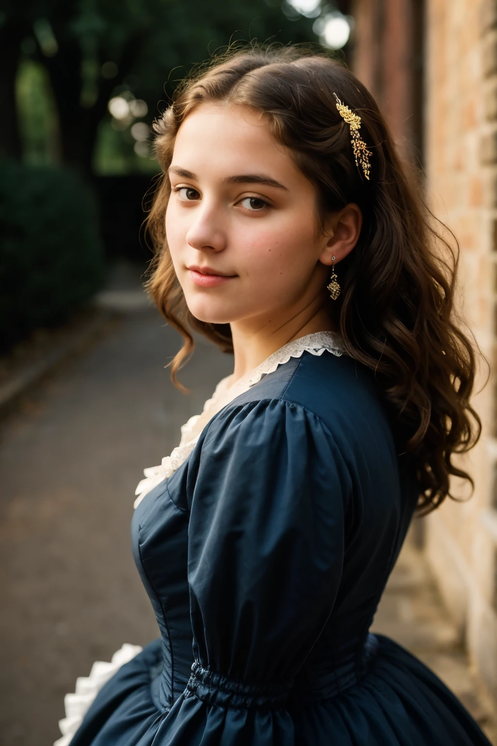 (Close-up of a beautiful  girl on a 19th century street in a vintage dress.), (serious:0.5), (Highly detailed face:1.4), Ass view, Nikon D850, film stock photos, 4 Kodak Portra 400, f1 camera.6 lenses, Saturated color, Too realistic, The texture is realistic., incredible light, Sinestil 800, 19th century Victorian style, evening, vintage light, Medium curly hair