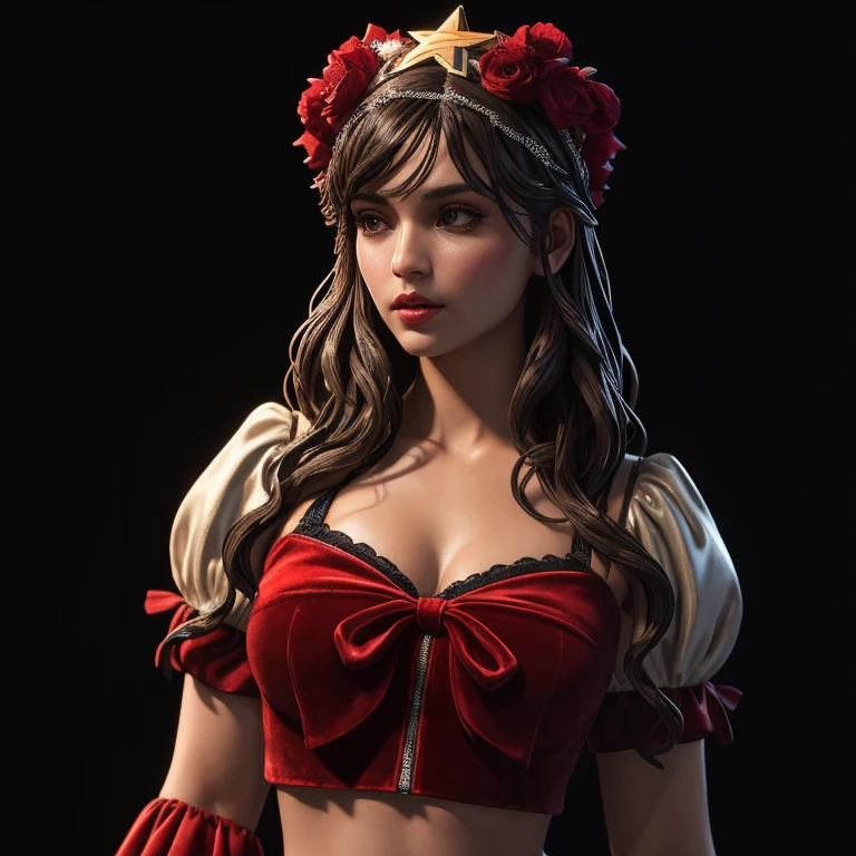 ((extreme detail)),(ultra-detailed), extremely detailed CG unity 8k wallpaper, velvet, figurine, red hood, crop top, star headdress, puffy sleeves, lips, looking away, close-up, head turn, black background