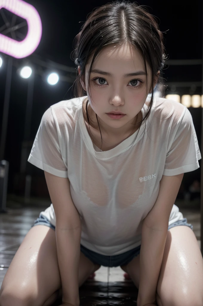 garota japonesa sexly, 18-years old, wearing a very wet t-shirt, in the city of Tokyo, kneeling on a stage, on his knees, Wet T-shirt Competition, contest winner, sexly, erotic, (best qualityer,4K,8k,high resolution,work of art:1.2),ultra detali,(realisitic,photorealisitic,photo-realisitic:1.37), HDR, ultra HD