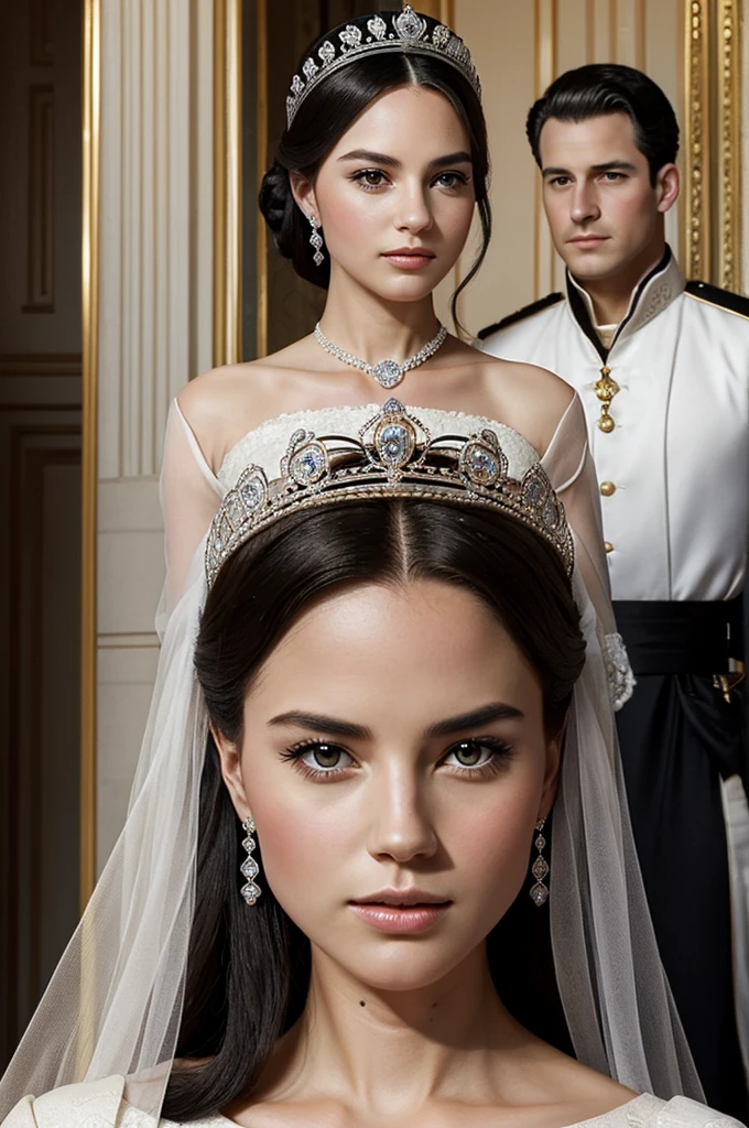 ((elegant)) ((novel style)) ((Royals))
A high-born lady, with black eyes, black hair, white and beautiful complexion, with a man behind her putting a crown on her