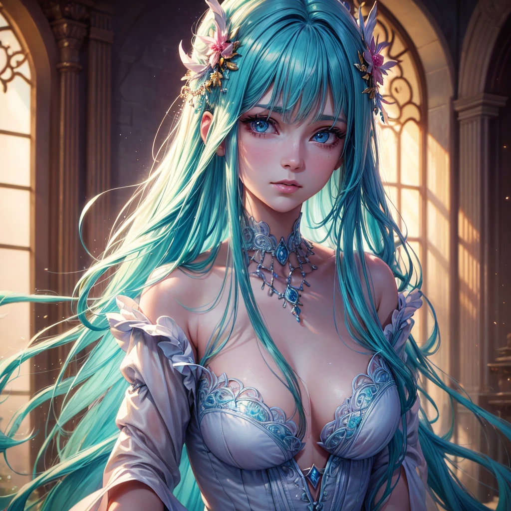 a beautiful girl with long light pink hair, bright blue-green cat eyes, extremely detailed eyes and face, longeyelashes, delicate facial features, glowing skin, serene expression, ethereal beauty, magical atmosphere, (best quality,4k,8k,highres,masterpiece:1.2),ultra-detailed,(realistic,photorealistic,photo-realistic:1.37),fantasy portrait,vibrant colors,soft lighting,cinematic lighting