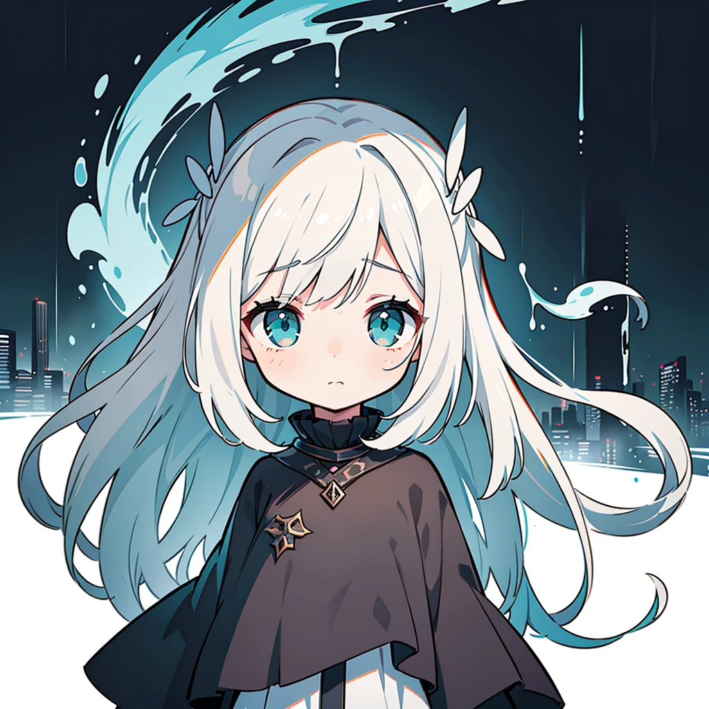 (best quality,ultra-detailed,realistic:1.37),natural lighting,dark color palette,soft shadows,expressive eyes,hair flowing in the wind,delicate facial features,pale skin,white dress,standing in the rain,reflecting in a puddle,desolate cityscape in the background,contrast between light and darkness,ethereal atmosphere,emotional depth,emphasize the girl's vulnerability and inner turmoil,dramatic angular hair,slightly slanted eyes,a touch of melancholy,subtle hints of teal highlights in her hair,artistic interpretation,impressionistic style,subdued tones,mysterious aura.