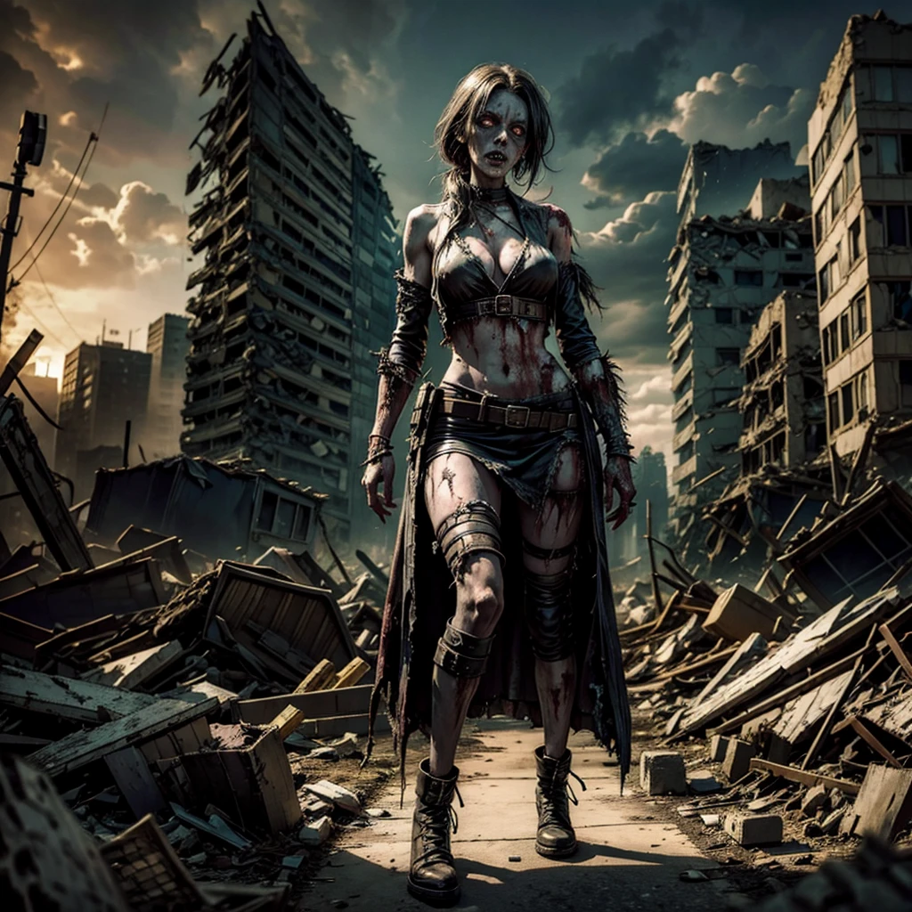 an undead zombie woman wanders among the rubble of a post-apocalyptic landscape, with other undead characters behind her