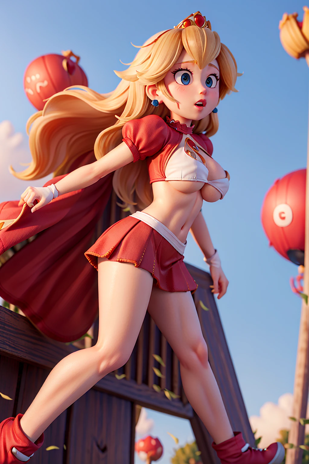 high quality, detailed textures,Princesa Peach, sexly, , Large, ((plunging neckline)), red clothes , sexly,   , ((short miniskirt is blown up by the wind)),  nfws, attire , you see a lot of bare skin, ((underboobs)), wind blässt attire nach oeb man sieht daduch viel haut,