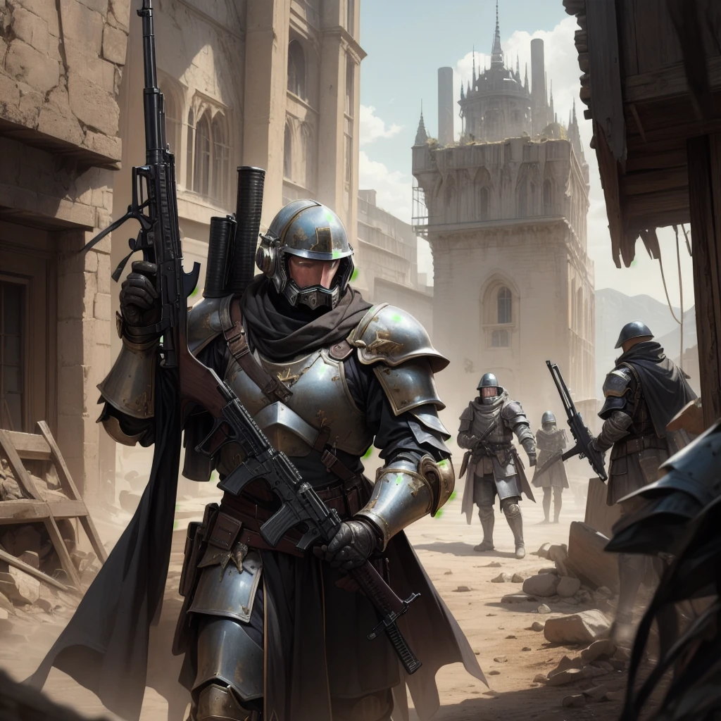 (masterpiece:1.2), (Best quality:1.2), extremely detailed, cowboy shot, combat shot,
Hilbrecht, black templar, army,
helmet detail, Complex armor, Gold trim, cross detail, tabard, Tattered Cloak, mittens, black fur, plate armor, full armor, armory,
holding a gun, rifle, holding a sword,
several boys, In the thick of battle, army, shooting,
scifi background, Desert Planet, A ruined castle,