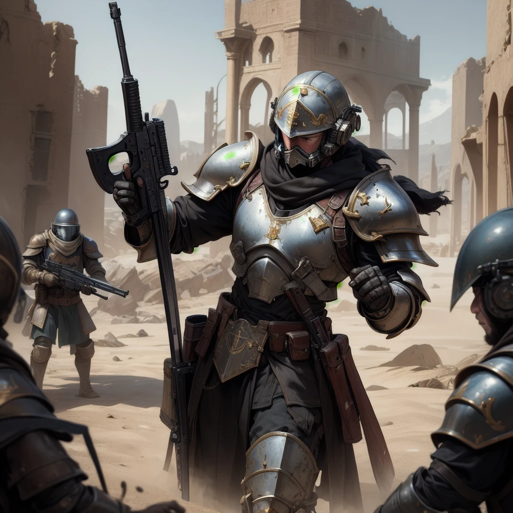 (masterpiece:1.2), (Best quality:1.2), extremely detailed, cowboy shot, combat shot,
Hilbrecht, black templar, army,
helmet detail, Complex armor, Gold trim, cross detail, tabard, Tattered Cloak, mittens, black fur, plate armor, full armor, armory,
holding a gun, rifle, holding a sword,
several boys, In the thick of battle, army, shooting,
scifi background, Desert Planet, A ruined castle,