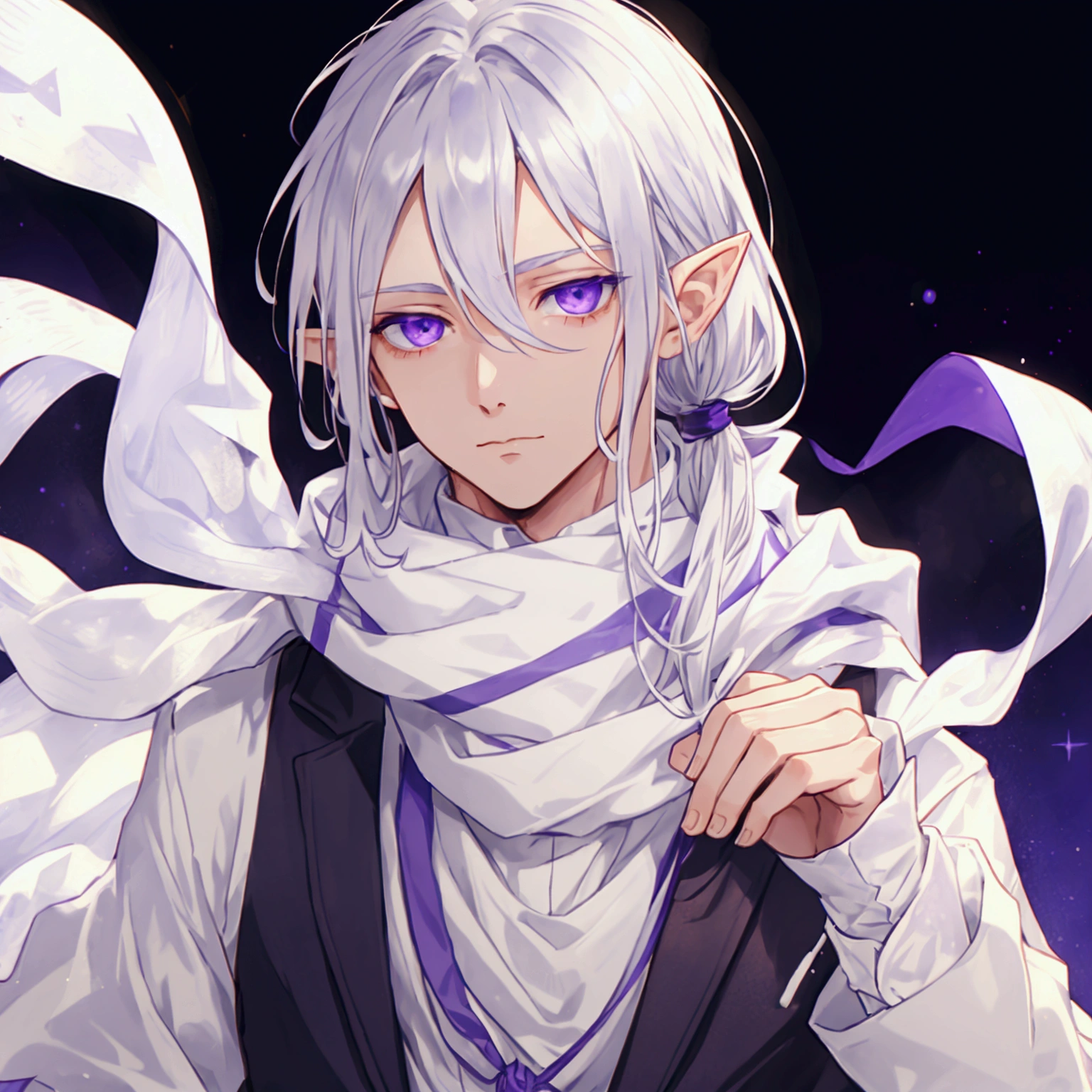 A man with silver hair that reaches his shoulders, with detailed purple eyes and elf ears, he wears a white scarf and white clothes