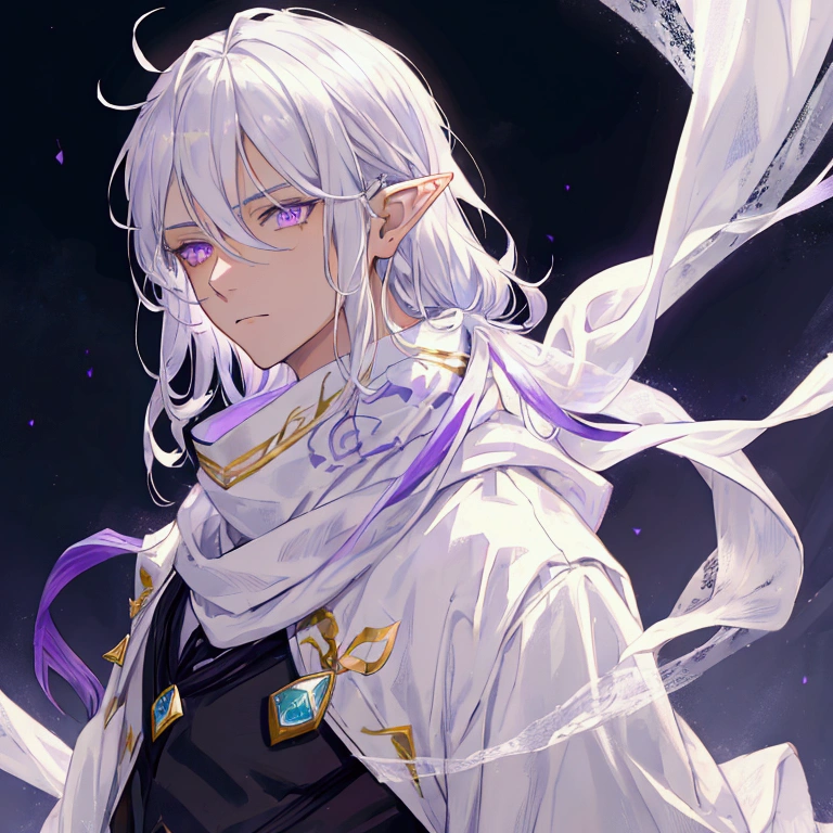 A man with silver hair that reaches his shoulders, with detailed purple eyes and elf ears, he wears a white scarf and white clothes