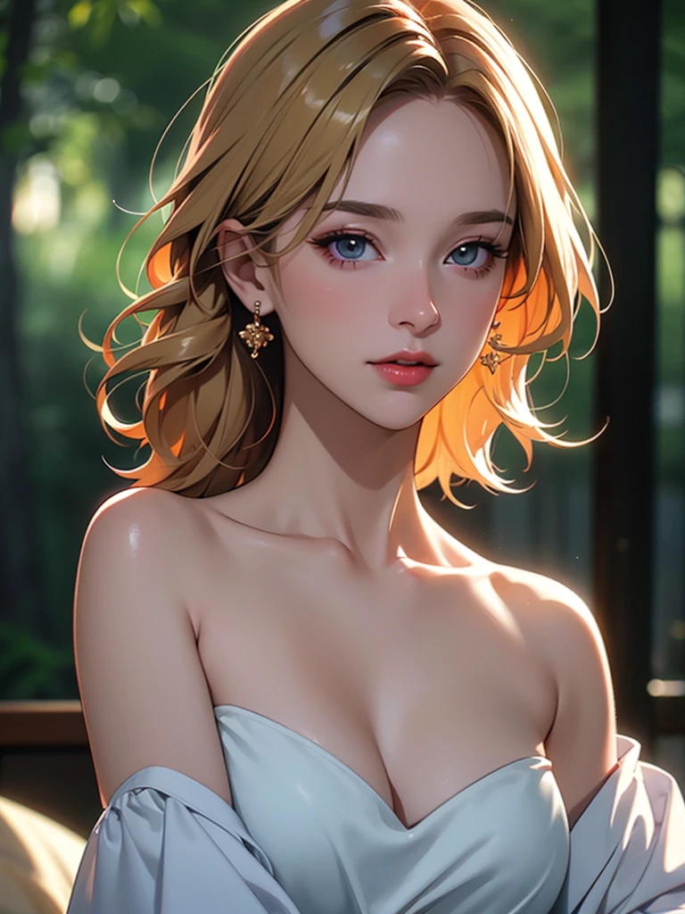 "(Best quality, a high resolution, masterpiece:1.2), ultra detailed, (realistic, photo-realistic:1.37), Fluorescent colors, 1 girl, interaction with the audience, Beautiful face, stunning eyes, (Baring your shoulders:1.2), head up, upper body, the forest, бthe forestтящие волосы, Radiant skin, illuminated contour lines, bright colors, Harmonious lighting", photorealistic, 4K, 8 K