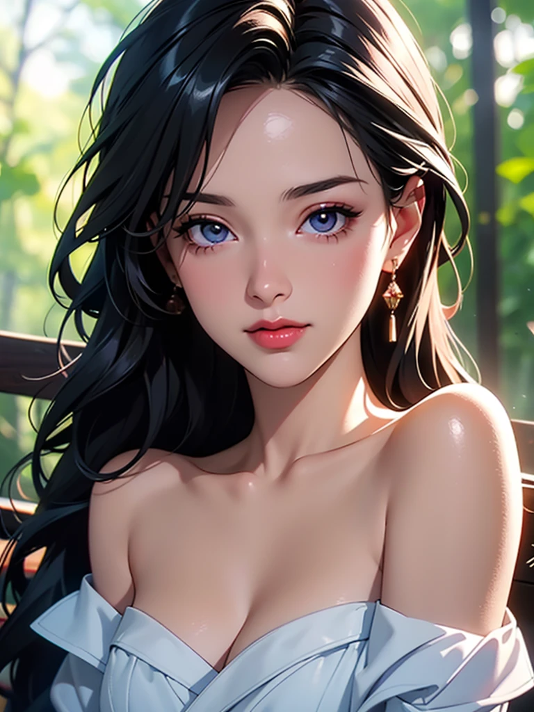 "(Best quality, a high resolution, masterpiece:1.2), ultra detailed, (realistic, photo-realistic:1.37), Fluorescent colors, 1 girl, interaction with the audience, Beautiful face, stunning eyes, (Baring your shoulders:1.2), head up, upper body, the forest, бthe forestтящие волосы, Radiant skin, illuminated contour lines, bright colors, Harmonious lighting", photorealistic, 4K, 8 K