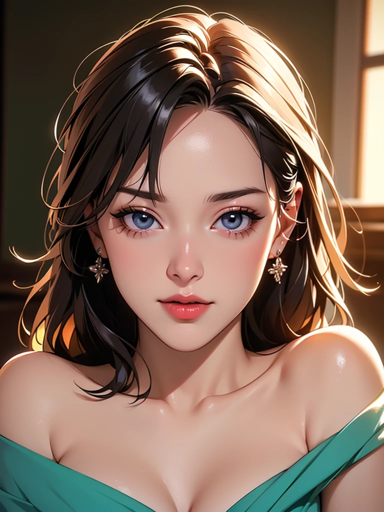 (best quality,ultra-detailed,highres,masterpiece:1.2), detailed eyes, beautiful lips, realistic facial features, intense gaze, long and voluminous eyelashes, flawless skin, adult face with mature features, elegant ponytail hairstyle, medium-sized breasts, alluring cleavage, confident pose, soft and natural lighting, realistic textures, vibrant colors,full