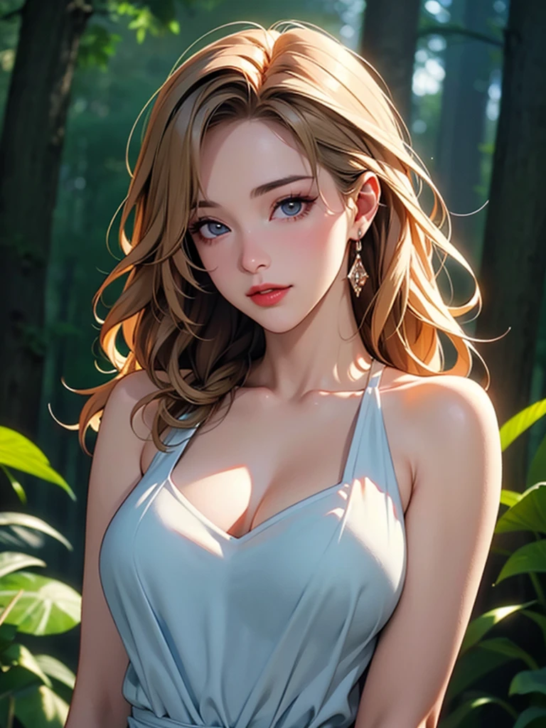 "(Best quality, a high resolution, masterpiece:1.2), ultra detailed, (realistic, photo-realistic:1.37), Fluorescent colors, 1 girl, interaction with the audience, Beautiful face, stunning eyes, (Baring your shoulders:1.2), head up, upper body, the forest, бthe forestтящие волосы, Radiant skin, illuminated contour lines, bright colors, Harmonious lighting", photorealistic, 4K, 8 K