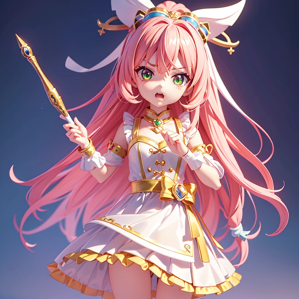 Girl Anime Figure, 3d Rendering by Hitoshi Homura, Trending with Polycount, Conceptual Art, Anime Style 3D, Stylized Anime, Cute 3D Anime Girl Rendering, Anime Girl Running, Anime Moe Art Style, Style as Nendoroid, Cute 3D Rendering, Anime Stylization, Anime girl with pink hair, anime girl running, young anime girl, chibi anime girl, cute!! Chibi!!!, anime girl, witch, girl in uniform, chibi girl, cute anime girl, anime chibi, cute anime girl portrait, anime girl, cute witch, anime girl with medium long hair, pink hair female anime character, little devilish eyes, little devil tsundere, posing in white dress, chibi, Chibi cute, chibi, mini size, pretty girl, 2nd class, 3rd class, wizard girl, silver bracelet, silver accessories, silver ring, magic wand, gold wand, little tsundere, slightly angry looking mouth, slightly angry looking eyes, mouth slightly pursed, white and yellow and green uniform, magic , wizard apprentice,
