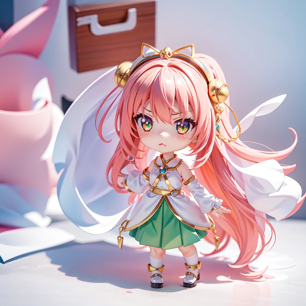 Girl Anime Figure, 3d Rendering by Hitoshi Homura, Trending with Polycount, Conceptual Art, Anime Style 3D, Stylized Anime, Cute 3D Anime Girl Rendering, Anime Girl Running, Anime Moe Art Style, Style as Nendoroid, Cute 3D Rendering, Anime Stylization, Anime girl with pink hair, anime girl running, young anime girl, chibi anime girl, cute!! Chibi!!!, anime girl, witch, girl in uniform, chibi girl, cute anime girl, anime chibi, cute anime girl portrait, anime girl, cute witch, anime girl with medium long hair, pink hair female anime character, little devilish eyes, little devil tsundere, posing in white dress, chibi, Chibi cute, chibi, mini size, pretty girl, 2nd class, 3rd class, wizard girl, silver bracelet, silver accessories, silver ring, magic wand, gold wand, little tsundere, slightly angry looking mouth, slightly angry looking eyes, mouth slightly pursed, white and yellow and green uniform, magic , wizard apprentice,