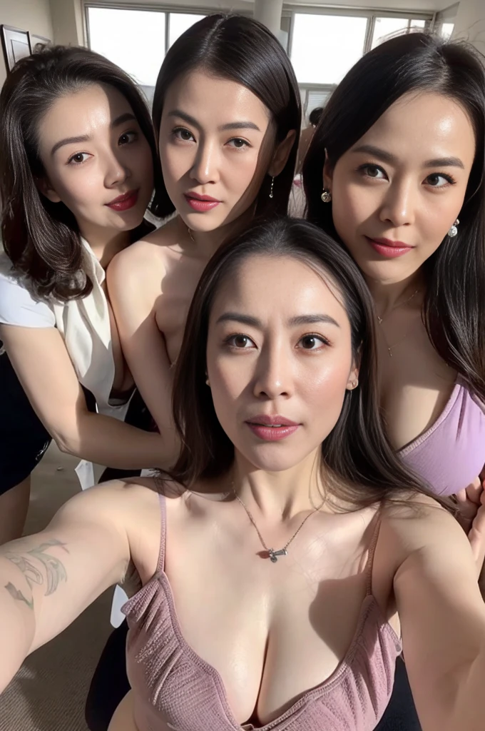 (((NSFW))),masutepiece, images,Best Quality,Office lady takes selfie with colleagues, (2 Office Ladies, 8K selfie photo),((bustshot:0.9)),((close up:0.2)), ((cross arms)),((small tits:1, (Open mouth:1.1),((Glaring:1.2)), (japanese mature womyears old), double eyelid,Eye lashes, purple Lip gloss, (Suspicious face:0.8), (( protruding from the bra)),((Show spit)),((Looking at Viewer:1.5)), ((a necklace,piercings)), in a office,A sexy,( Looking ahe camera),Anatomically accurate、Facing the front、mature japanese womyears old,