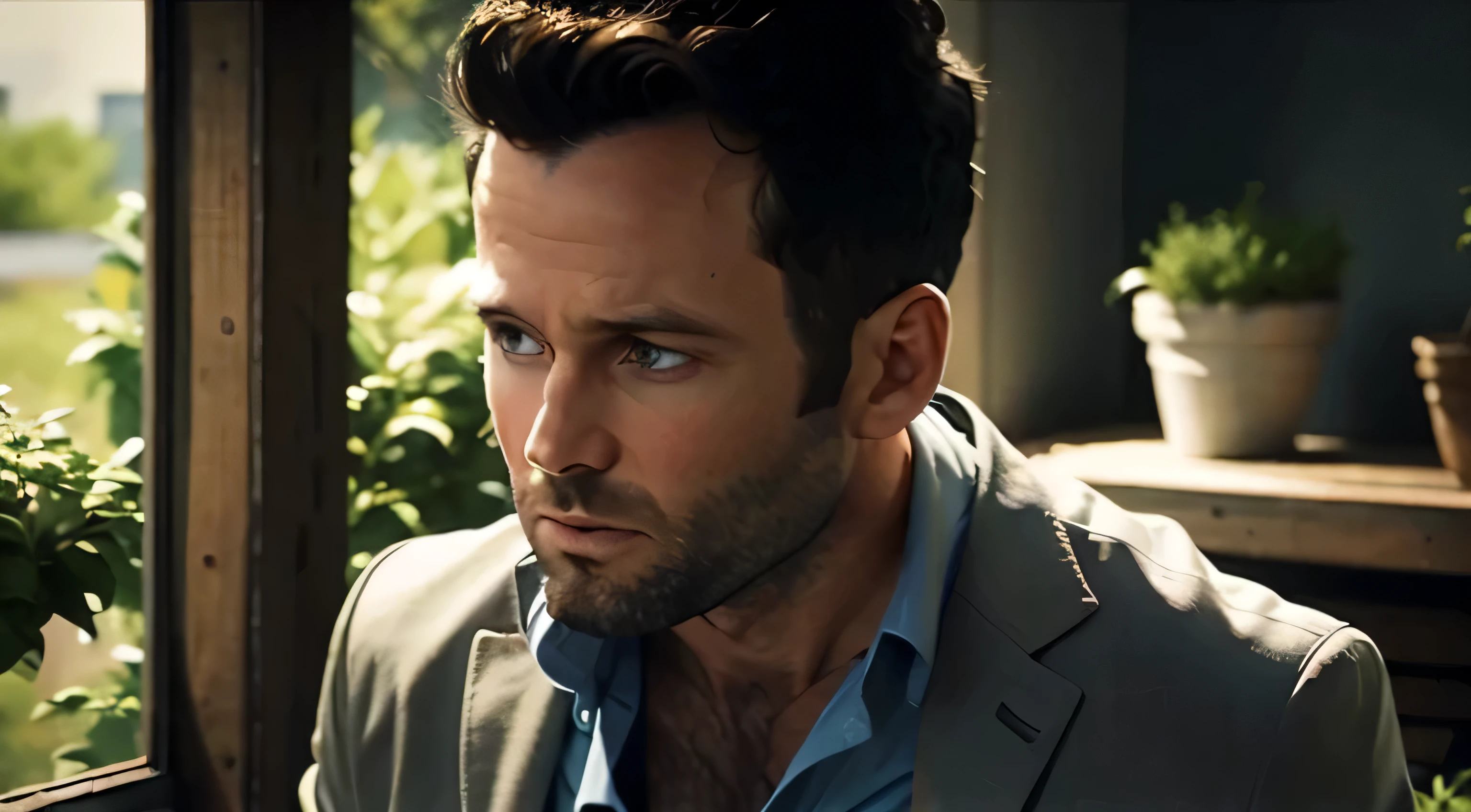 eionbailey, 1boy, solo, ultra-detailed image, high resolution, vivid colors, upper body, blue button-up shirt, tan suit jacket, short hair, dark hair, beard stubble, ruggedly handsome features, perfect face, unbuttoned chest, in a private office, windows with trees beyond