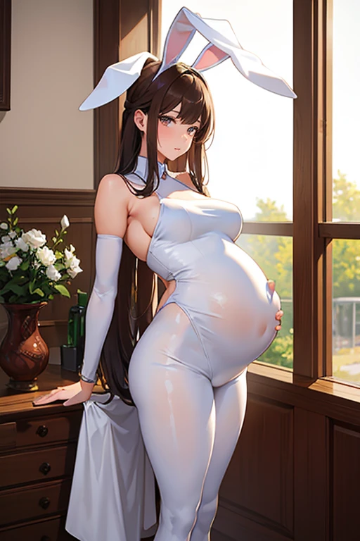 8k, masterpiece, very realistic, Full body Sexy pregnant bunny woman, bunny ears, very slim waist, very tall, form fitting white bodysuit, brown hair, dynamic pose, medium breasts, pregnant, cleavage, curved back, mature