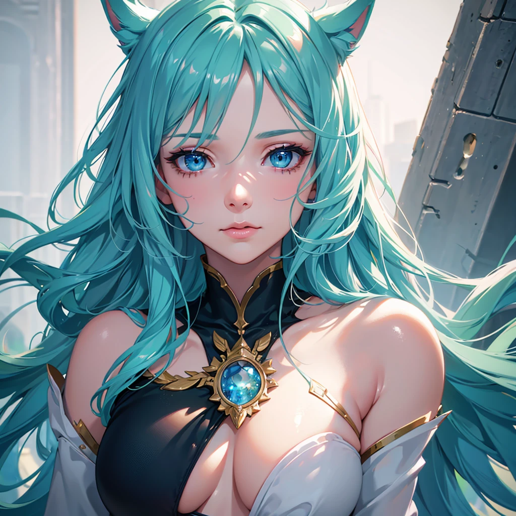 a beautiful girl with long light pink hair, bright blue-green cat eyes, extremely detailed eyes and face, longeyelashes, delicate facial features, glowing skin, serene expression, ethereal beauty, magical atmosphere, (best quality,4k,8k,highres,masterpiece:1.2),ultra-detailed,(realistic,photorealistic,photo-realistic:1.37),fantasy portrait,vibrant colors,soft lighting,cinematic lighting