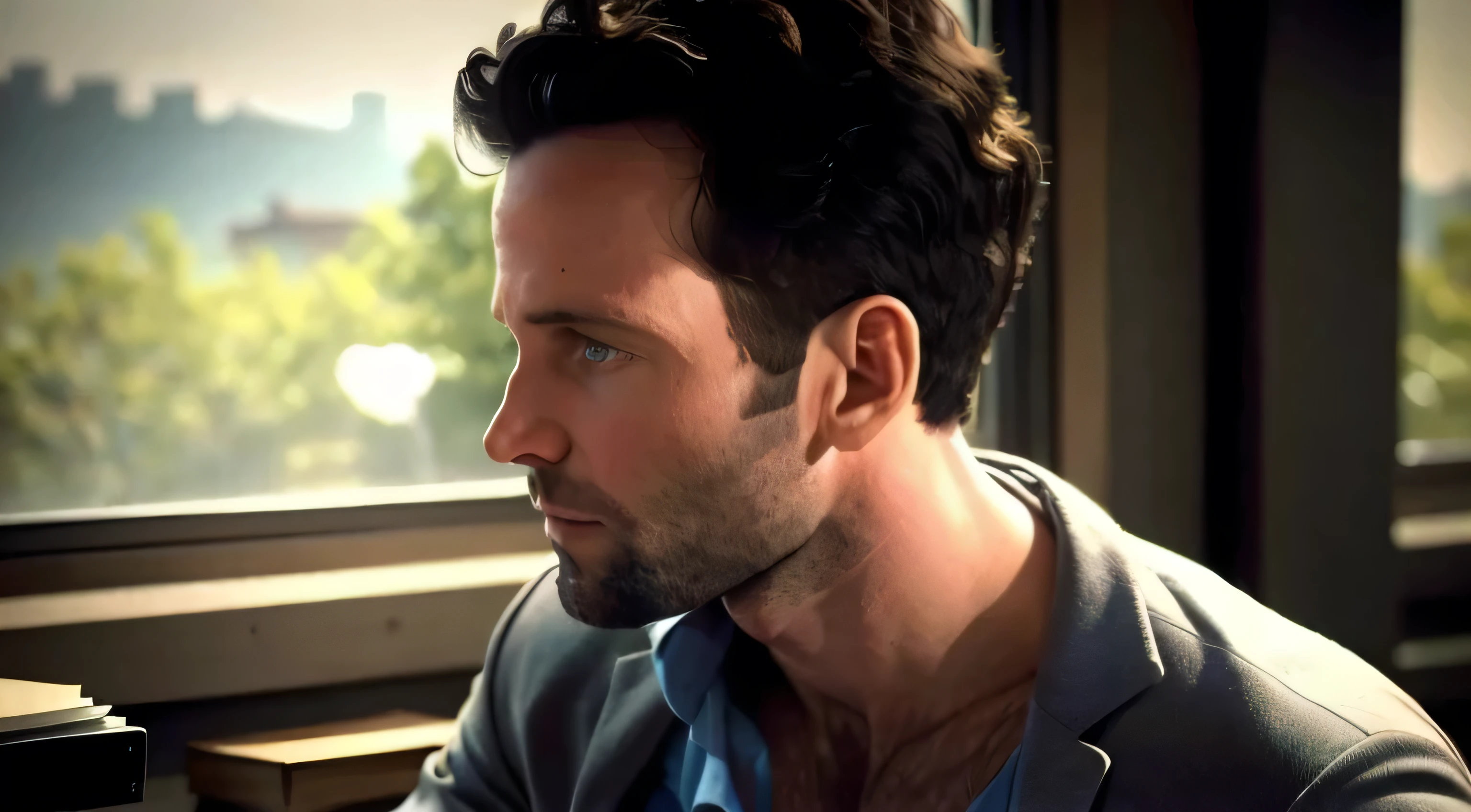 eionbailey, masterpiece, best quality, ultra-detailed image, high resolution, vivid colors, 1boy, blue button-up shirt, tan suit jacket, short hair, dark hair, beard stubble, ruggedly handsome features, perfect face, unbuttoned chest, in a private office, windows with trees beyond