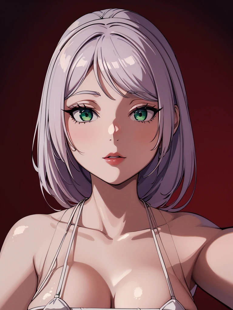 (high res, 8K, masterpiece, looking at viewer, best quality, very aesthetic, ultra detailed), intricate details, 1girl, Frieren, Green Eyes, White Bikini, White Hair, shy face, Cheeks Flushed, Selfies, Red Lips, Background Night City, Bedroom, Cinematic Angle