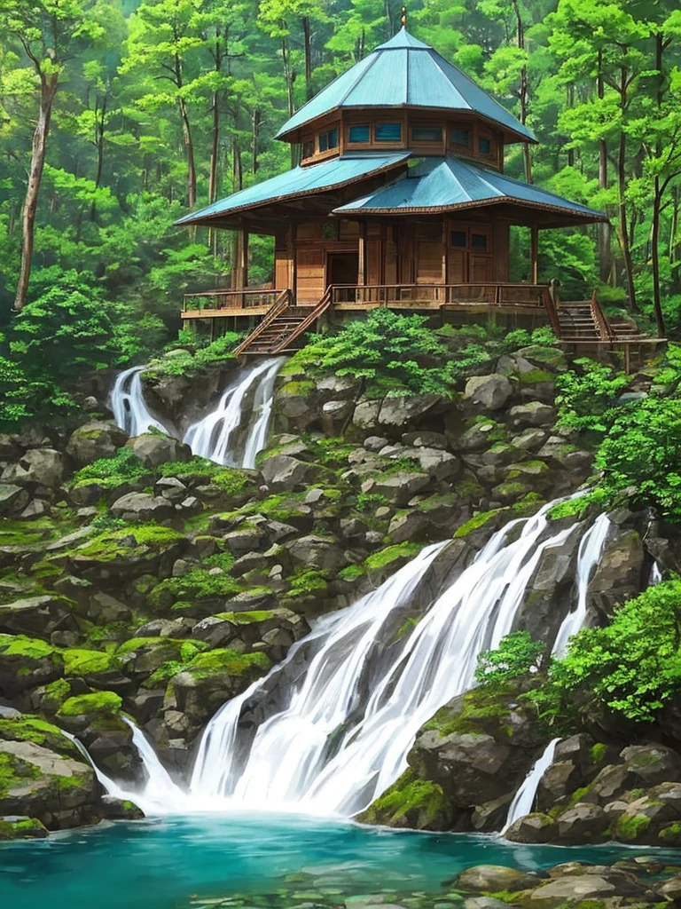 A Mosque in the forest top up the mountain, mountain water falls, amazing day sunny day