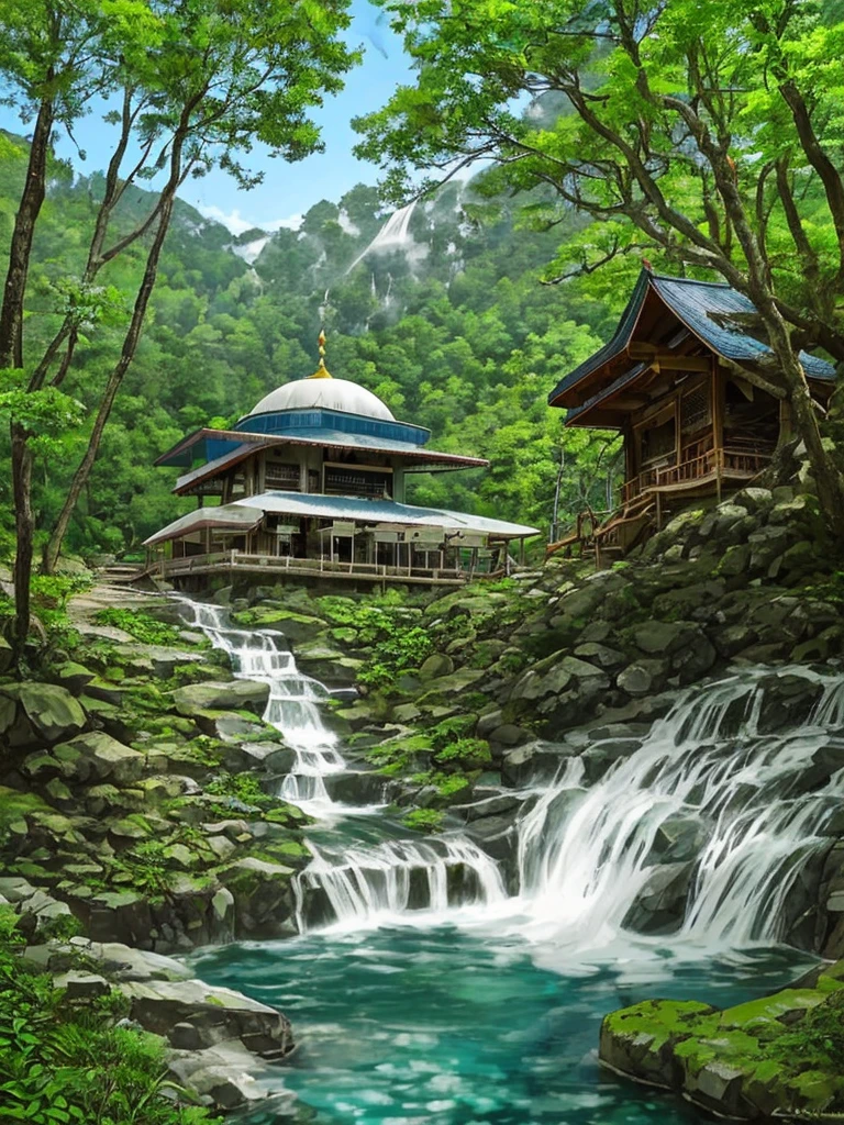 A Mosque in the forest top up the mountain, mountain  water falls, amazing day sunny day 