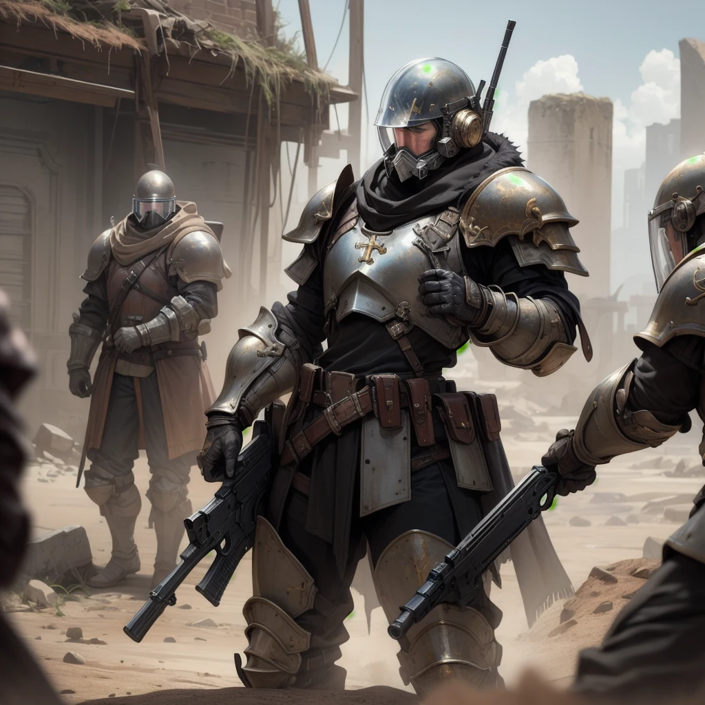 (masterpiece:1.2), (Best quality:1.2), extremely detailed, cowboy shot, combat shot,
Hilbrecht, black templar, army,
helmet detail, Complex armor, Gold trim, cross detail, tabard, Tattered Cloak, mittens, black fur, plate armor, full armor, armory,
holding a gun, rifle, holding a sword,
several boys, In the thick of battle, army, shooting,
scifi background, Desert Planet, A ruined castle,