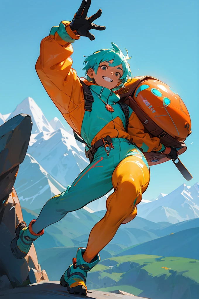- Turquoise skin, copper eyes, adventurous young man, exuberant grin, midday, 8k resolution, mountain trail, sunny weather, short hair, full-body shot, futuristic explorer outfit with holographic elements, vibrant orange backpack, dynamic look, turquoise pendant, fit build, no blemishes, climbing gear in hand, sturdy hiking boots.
