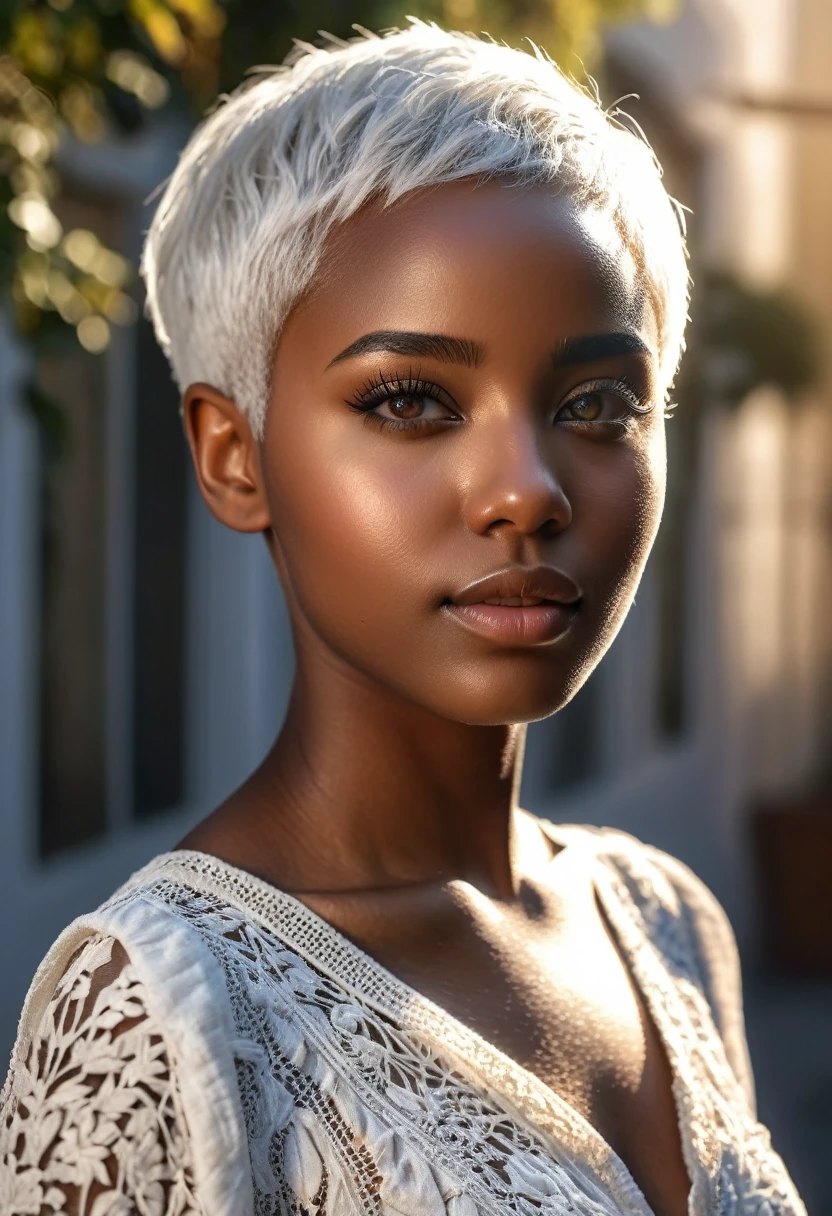 Portrait 8k photo of a beautiful black girl, short white hair, full body, realistic, natural skin, soft sunlight, textured skin, intricate, elegant, highly detailed, majestic, digital photography, (masterpiece, side lighting, beautiful finely detailed eyes: 1.2), hdr,