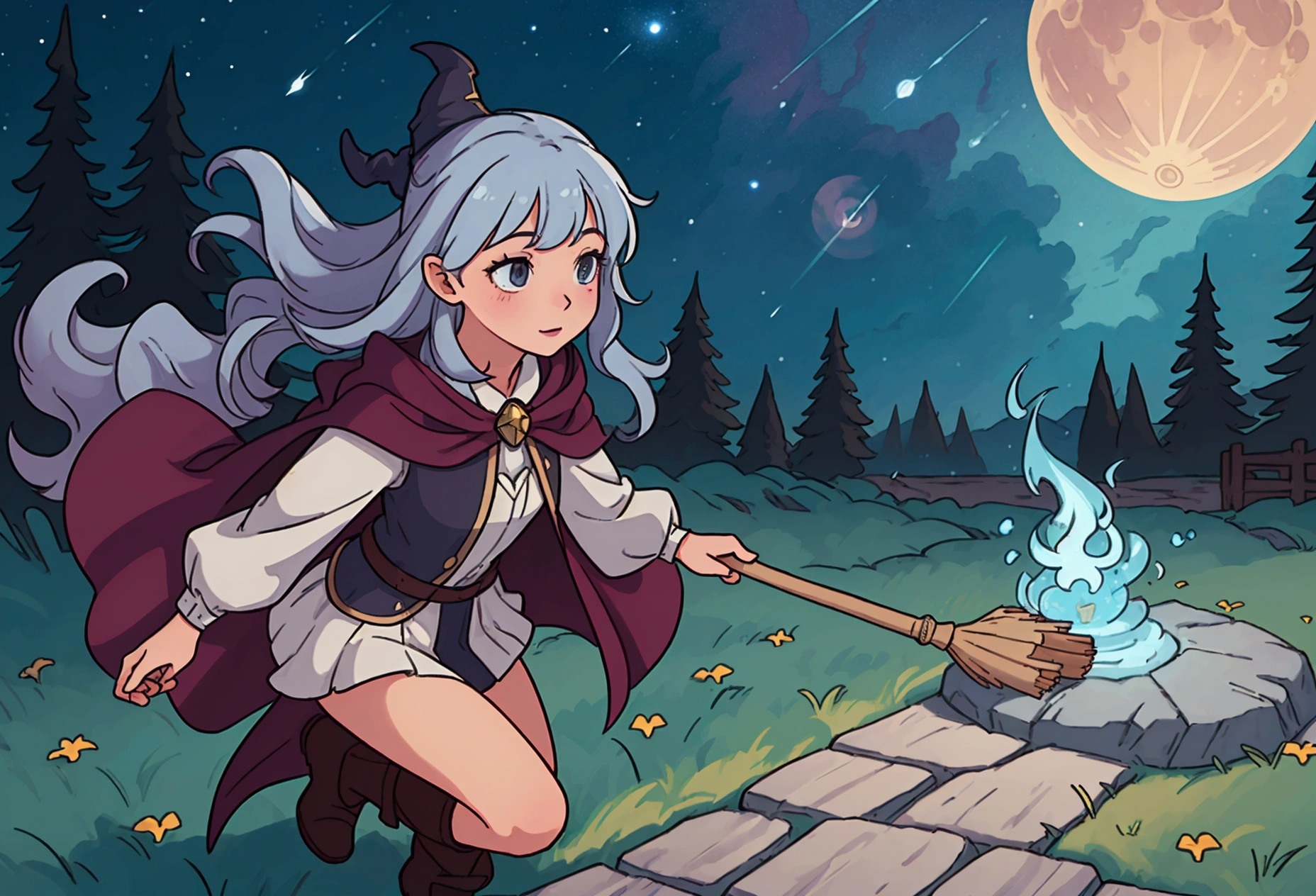artwork, best quality, ultra-detailed, illustration, 1 girl, alone, fantasy, flying, broom, night sky, outdoors, magic, spells, moon, stars, clouds, wind, hair, cape, hat, boots, broomstick, bright, mysterious, charming, whimsical, playful, adventurous, , wonder, imagination, determination, skill, speed, movement, energy, realism, naturalistic, figurative, representative, beauty, fantasy culture, mythology, fairy tales, folklore, captions, witches, wizards, magical creatures, fantasy worlds, composition, scale, foreground, middle ground, background, perspective, light, color, texture, detail, beauty, wonder.