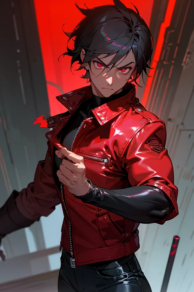- Crimson red skin, silver eyes, focused adult male, serious expression, night, 12k resolution, neon-lit alley, vibrant signs, short hair, close-up shot, sleek leather jacket with reflective panels, intense look, ruby ring, muscular build, no blemishes, glowing baton in hand, dark jeans.

