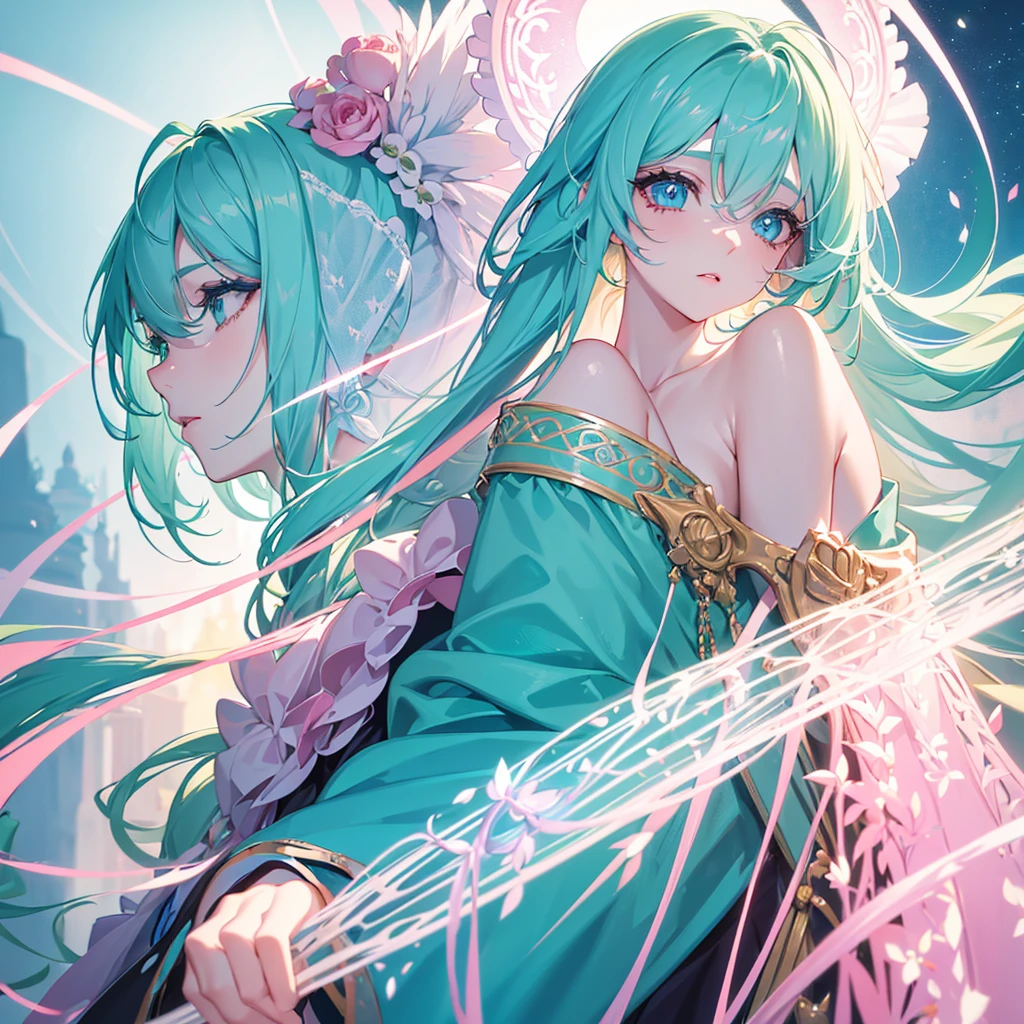 a beautiful girl with long light pink hair, bright blue-green cat eyes, extremely detailed eyes and face, longeyelashes, delicate facial features, glowing skin, serene expression, ethereal beauty, magical atmosphere, (best quality,4k,8k,highres,masterpiece:1.2)