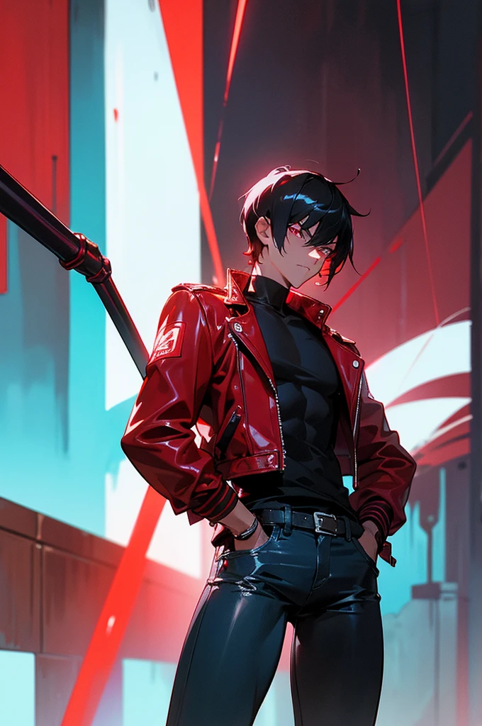 - Crimson red skin, silver eyes, focused adult male, serious expression, night, 12k resolution, neon-lit alley, vibrant signs, short hair, close-up shot, sleek leather jacket with reflective panels, intense look, ruby ring, muscular build, no blemishes, glowing baton in hand, dark jeans, hands in pockets, cowboy shot