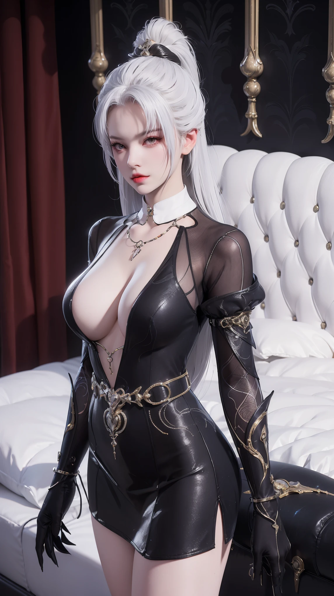 Domineering female CEO，Slim，White hair，长White hair，Lying in bed，Full body portrait，Black pantyhose，（top view），close up，wear glasses，Wearing a black suit，mini skirt，Revealing the succubus pattern on the belly