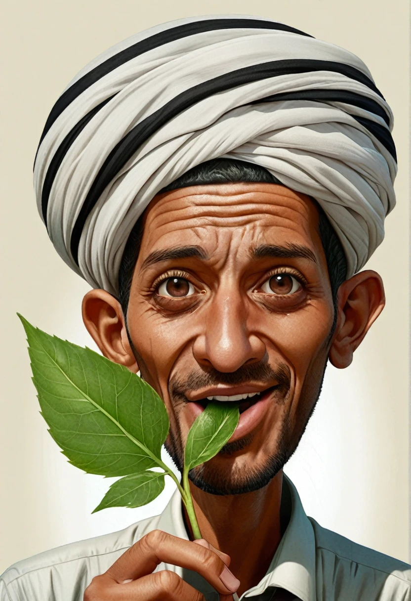 Funny caricature for a Yemeni man chewing gat (a green leaf plant), anime style