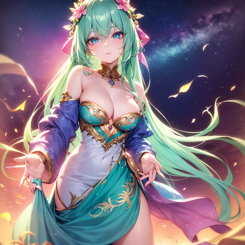 a beautiful girl with long light pink hair, bright blue-green cat eyes, extremely detailed eyes and face, longeyelashes, delicate facial features, glowing skin, serene expression, ethereal beauty, magical atmosphere, (best quality,4k,8k,highres,masterpiece:1.2)
