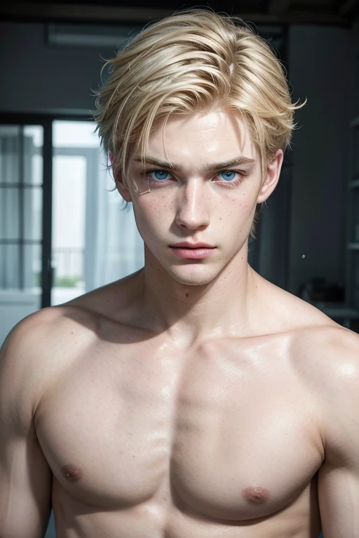 create a super handsome boy, Very light blue eyes, blonde, freckles, tender but imposing, type that has duality, with a marked and tall body, with a relationship xcry, A boy who looks masculine but tender, french, aestetic cut, 20 years