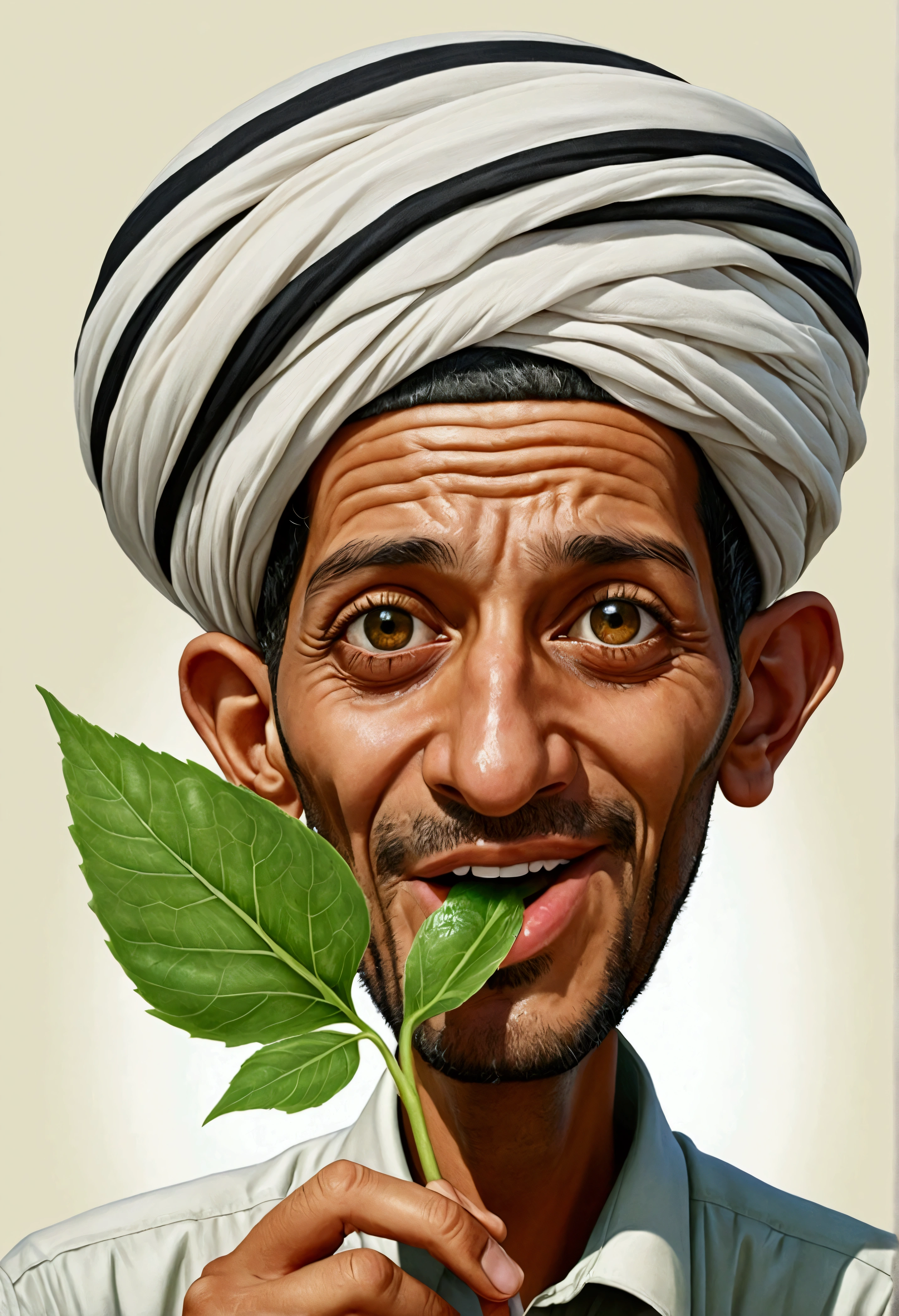 Funny caricature for a Yemeni man chewing gat (a green leaf plant)