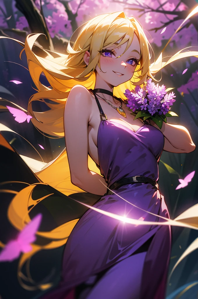 Honey blonde hair, amethyst eyes, stunning female, joyful smile, twilight, 6k resolution, forest glade, fireflies, young woman, cheerful expression, shoulder-length hair, waist-up shot, glowing lavender necklace, broad smile, lavender gem on chest, lithe, toned build, fit, purple dress, lavender necklace, no freckles, bouquet of flowers in hand, sandals.