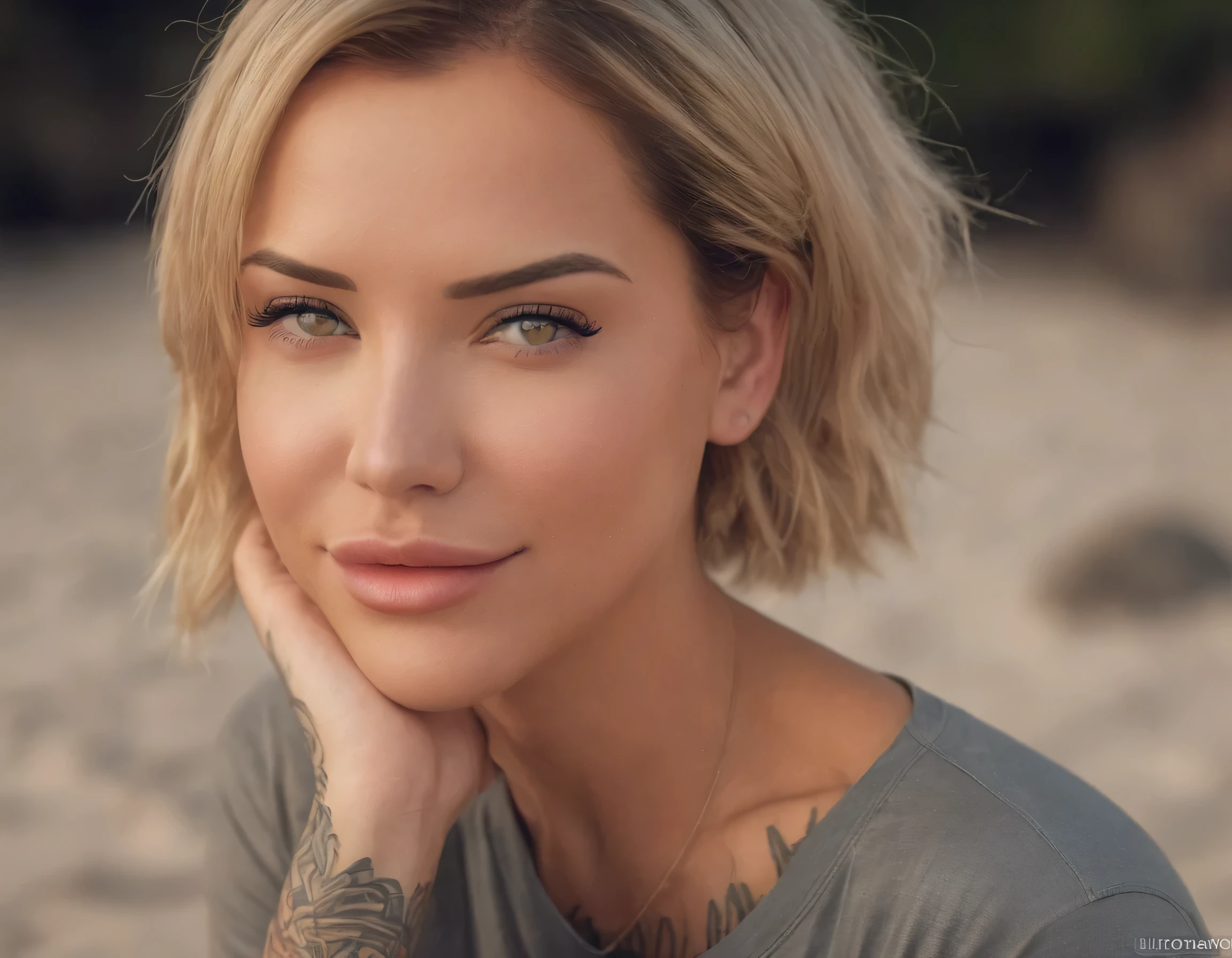 A uhd, full-body image of female laurence bedard (Age 30) dressed in t-shirt-and-ripped-jeans. Extras: sharp-jawline, sparkling-eyes, perfect-eyes, expressive-eyes, perfect-pout, perfect-lips, stunningly-beautiful, intricate-details, 35mm-raw-photo, intense-expressions. They have hazel eyes and blonde-dark-roots hair style. They are in a beach. she is smiling at viewer