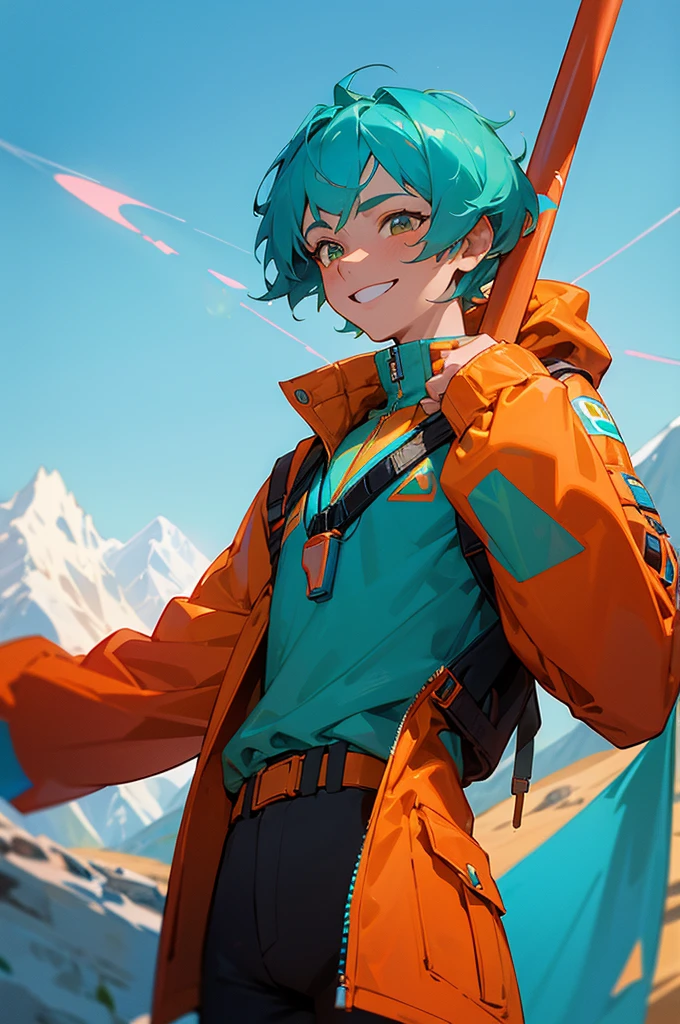 Turquoise skin, copper eyes, adventurous young man, exuberant grin, midday, 8k resolution, mountain trail, sunny weather, short hair, futuristic explorer jacket with holographic elements and vibrant orange accents, dynamic look, turquoise pendant, fit build, no blemishes, hands on hiking poles.